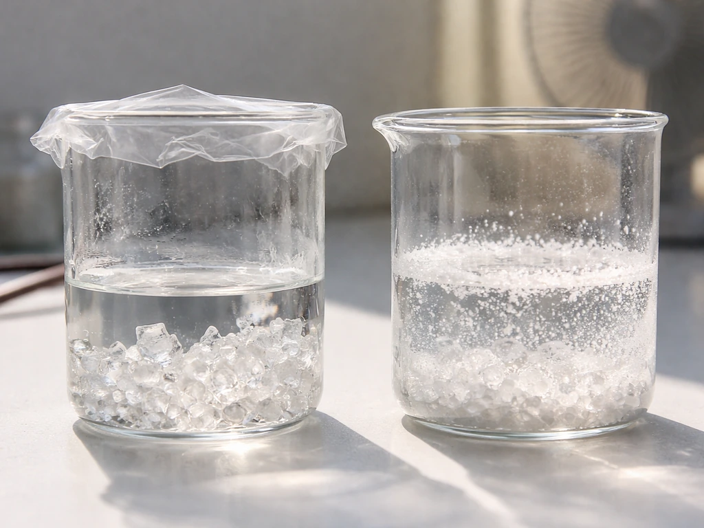 Two covered and uncovered beaker setups showing slow evaporation with larger crystals vs fast evaporation with powdery c