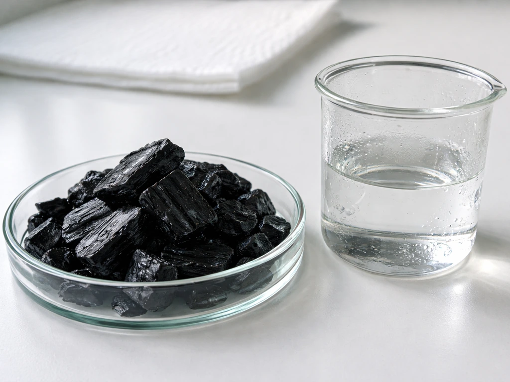 Rinsed charcoal in a shallow glass dish beside a container of clear solution, ready for crystal growth