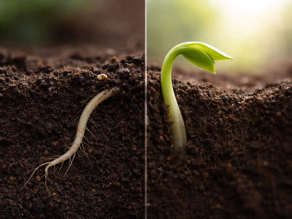 Split-frame seedling with roots curving down into soil and shoot bending upward toward light.