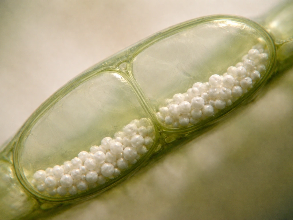 Microscopic view of statocyte cells showing starch granules settling on the lower side