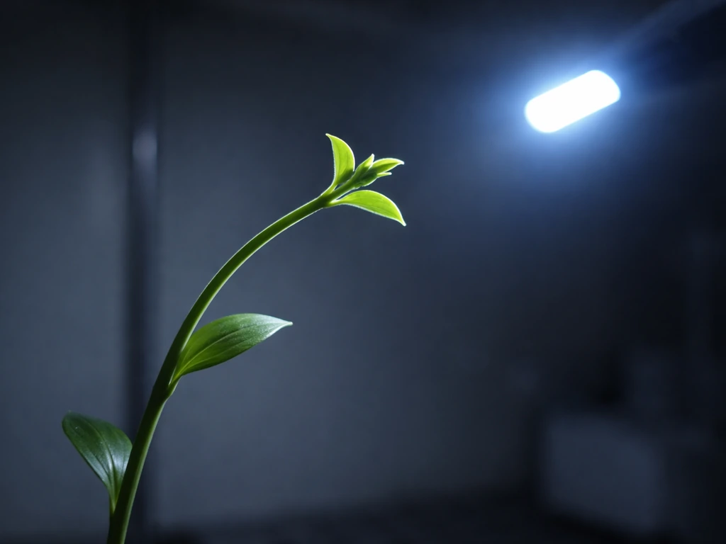 A single plant shoot bends toward a blue LED light in a dark setting.
