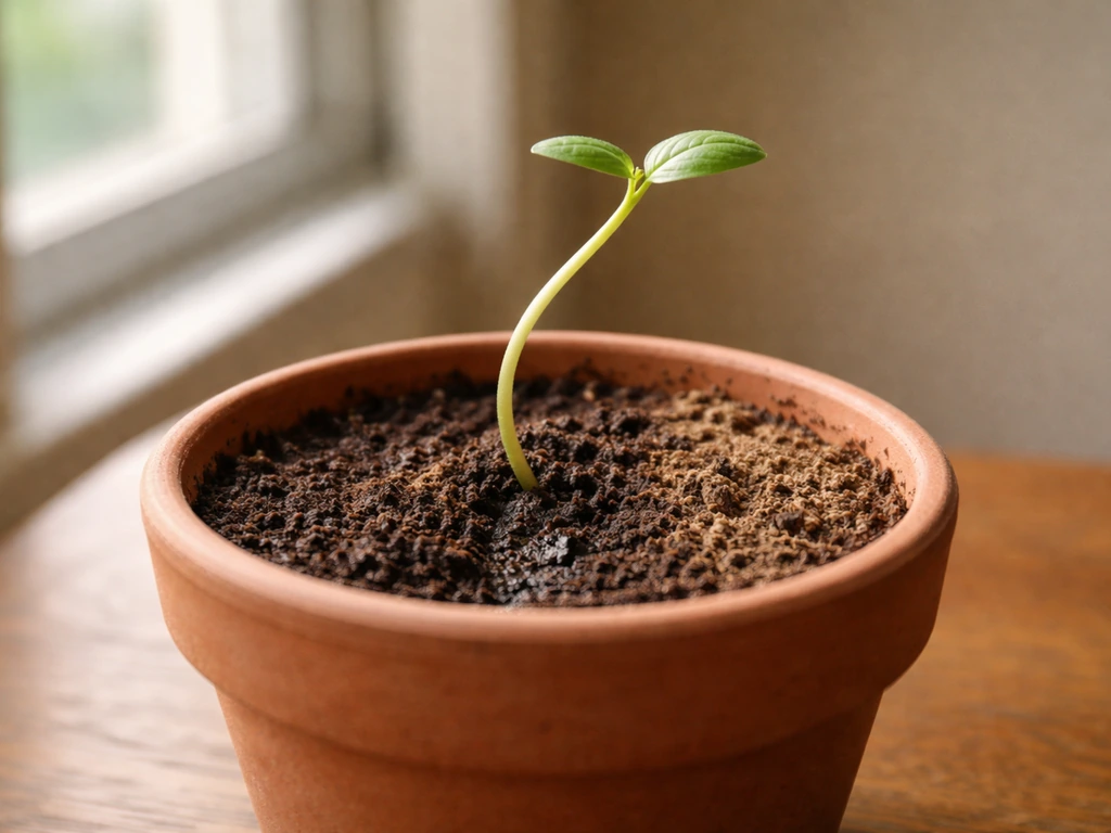 Small seedling in a pot leaning sideways with uneven growth toward a window and darker moist soil patch.