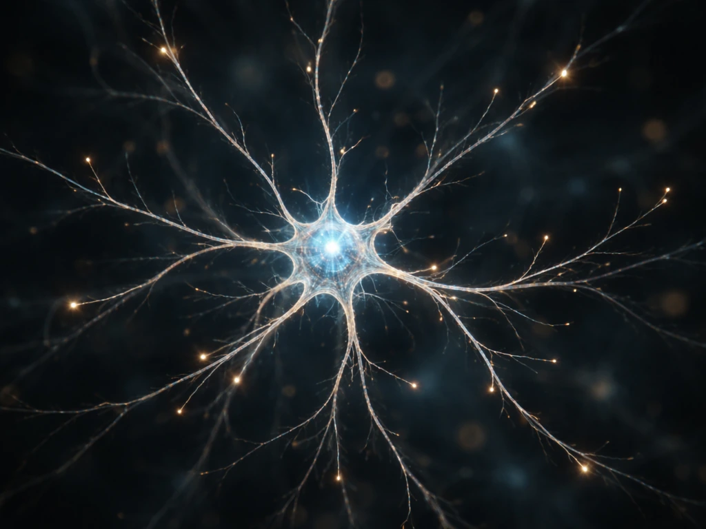 Microscopy-like view of a developing neuron with branched dendrites and multiple extending tips.