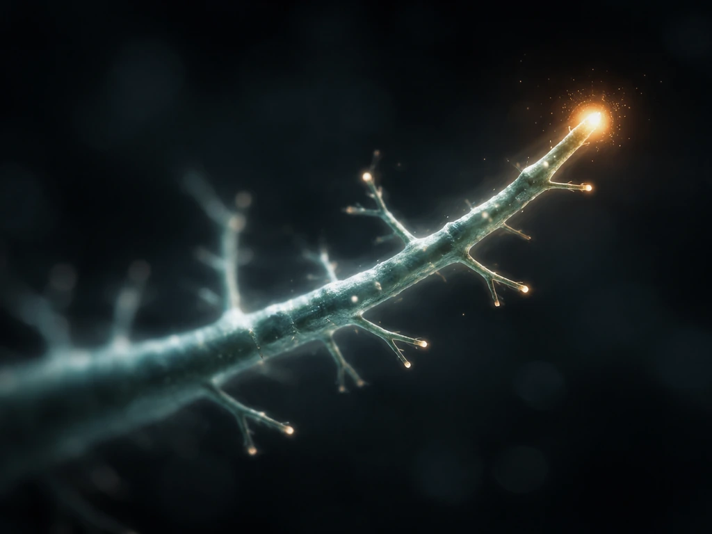 Close-up of an active neuron dendrite tip with subtle time-lapse-like branching and motion blur.