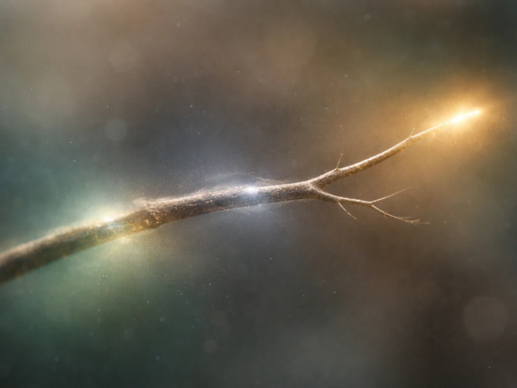 Macro-like photo of a single dendrite path with adjacent glowing cue zones guiding growth, stop, and branching.