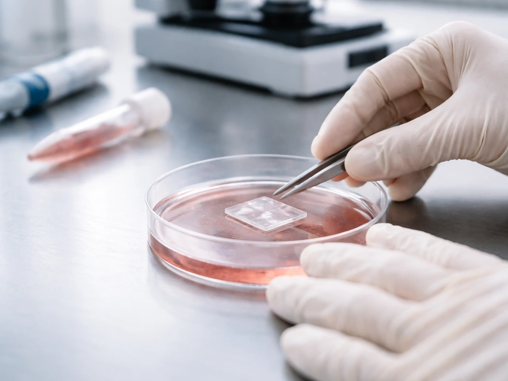 Gloved hands placing an ECM-coated glass coverslip onto a sterile culture dish on a lab bench.