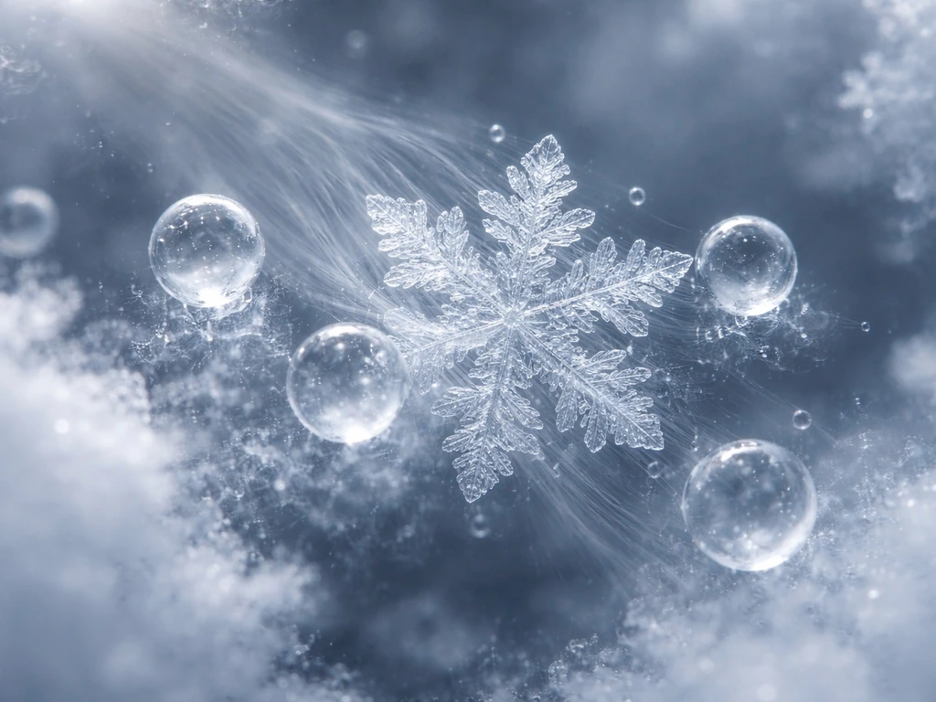 Macro cross-section of ice crystals and nearby liquid droplets in a mixed-phase cloud, with vapor flowing to ice.