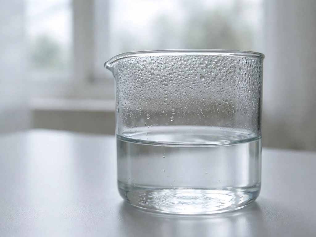 Minimal photo of a clear glass beaker of water with gentle condensation on the rim against a cloudy window.