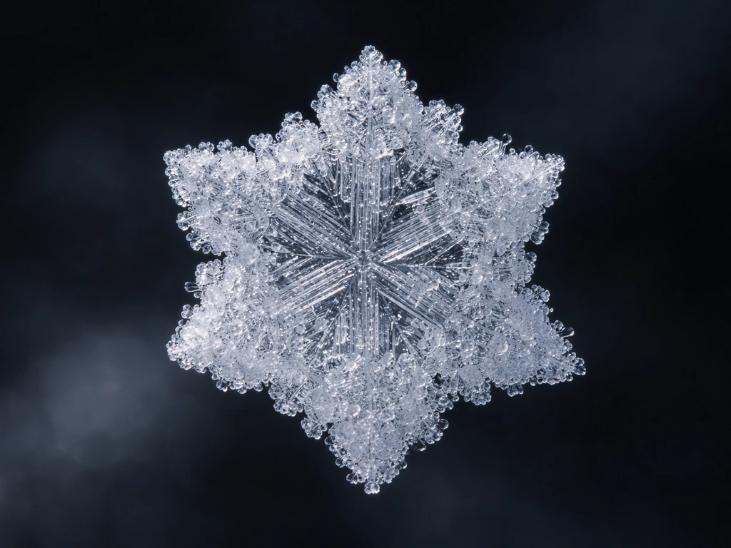Macro ice crystal with rough spongy rim from frozen supercooled droplets on a dark background.
