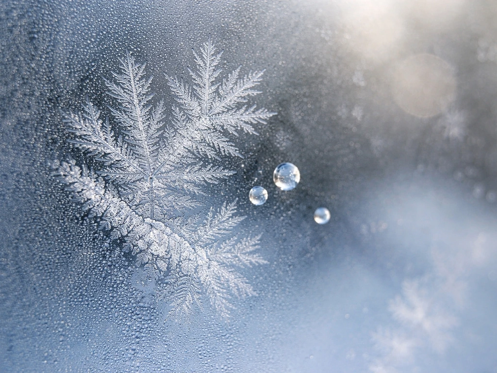 Close-up of ice crystals growing on a cold surface with faint blurred ice spheres, showing layered growth paths.