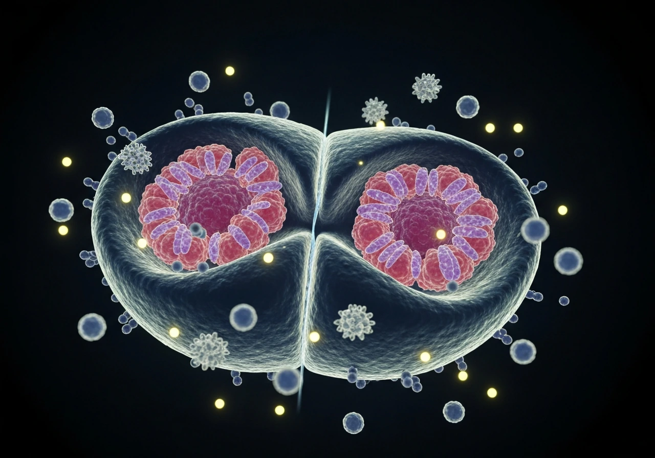 Microscopy-style view of a dividing cell with visible chromosomes and budding molecular building blocks.