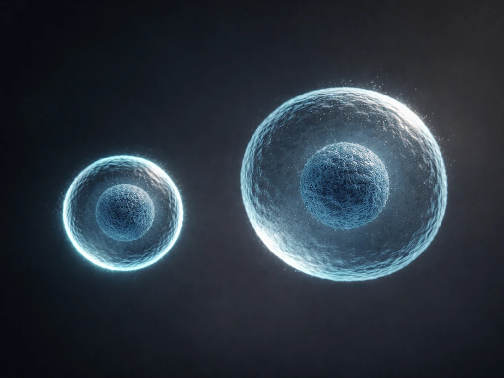 Realistic macro scene showing a small and larger cell-like sphere with reduced surrounding exchange space