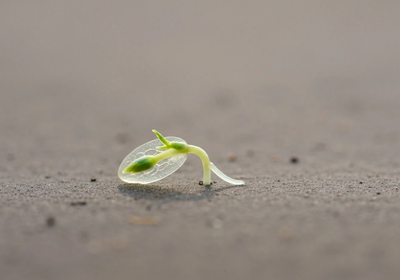 Macro view of a young plant sprout emerging, delicate new growth at the tip on soil.