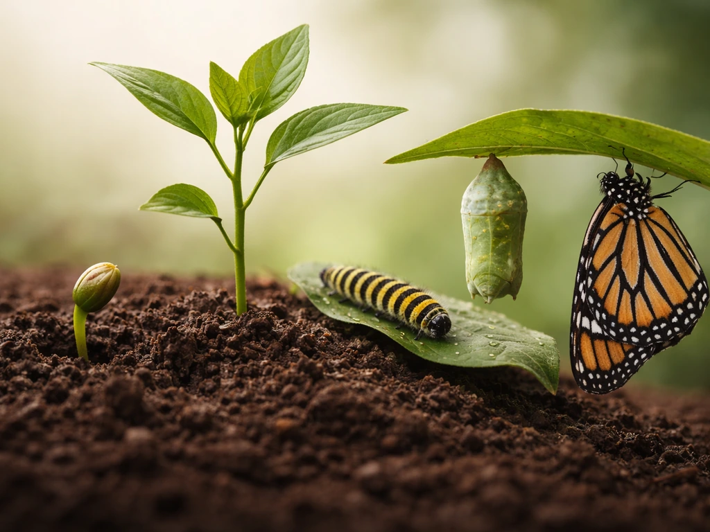 Seed sprouting into a plant, then caterpillar transforming into a butterfly in one minimal montage.