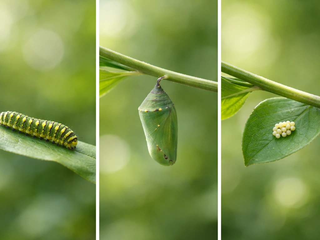 Three-panel style concept scene: a caterpillar growing, changing form, and laying eggs with no text.