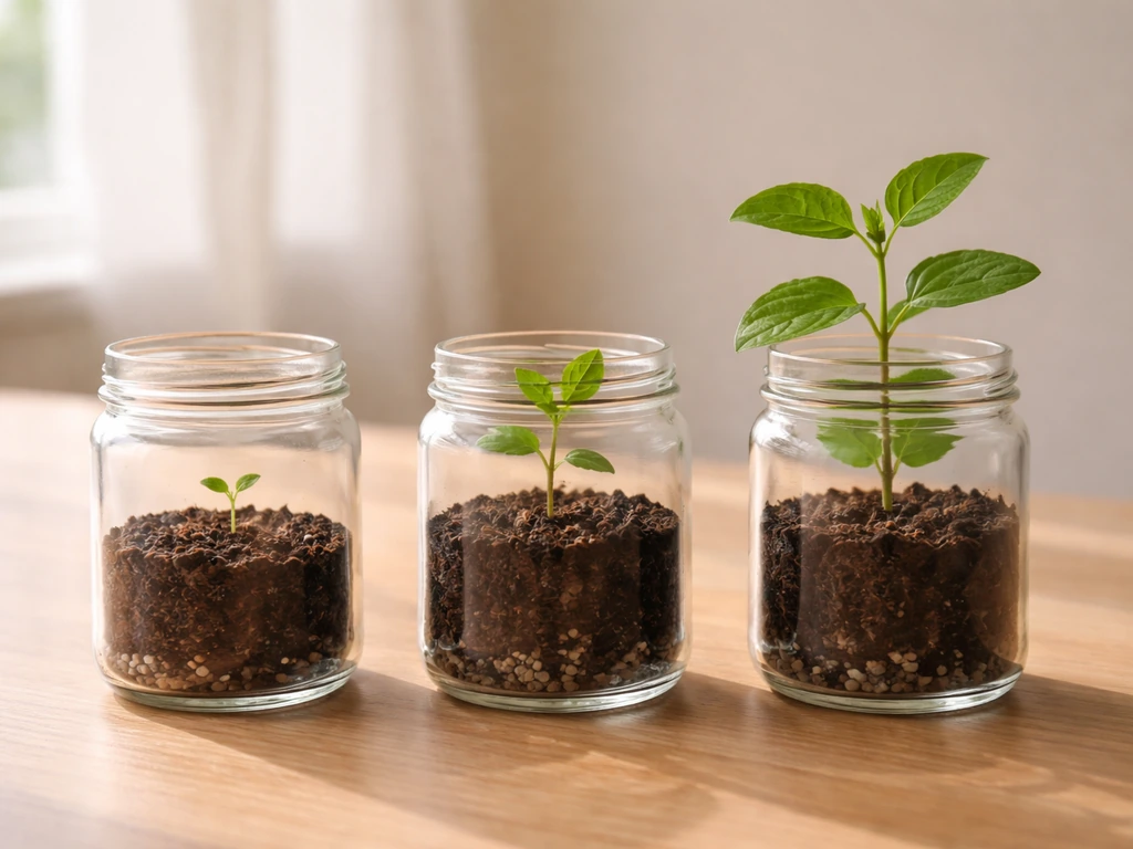 Three sprout plants in glass jars showing tiny, leafy, and mature growth stages side by side.