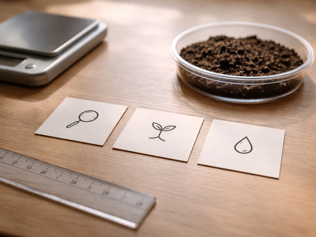 Blank observation cards with ruler and digital scale on a table near an unlabeled soil sample.