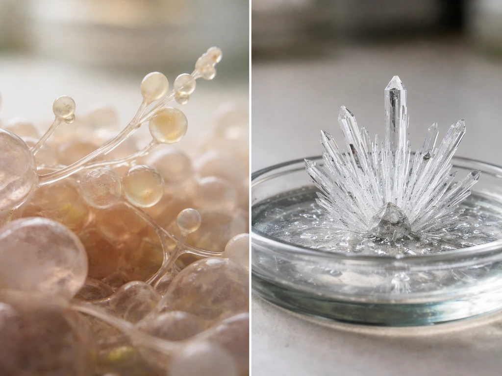 Split macro image showing cells subtly growing on the left and a crystal seed growing on the right.