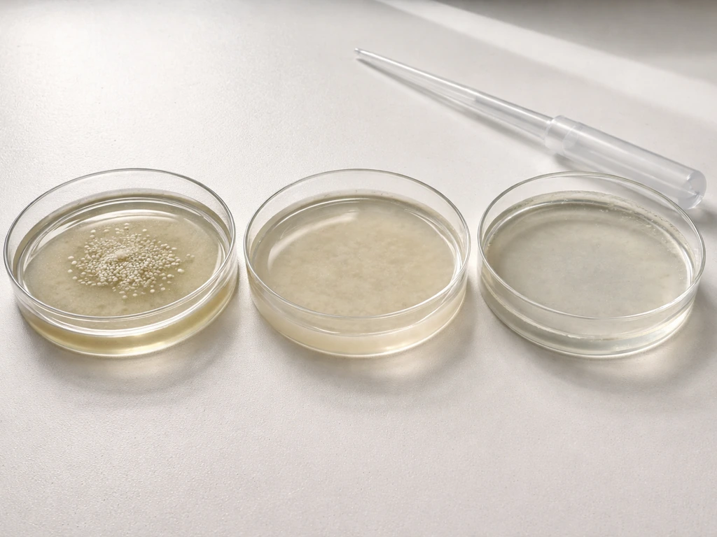 Three small labeled-free petri dish scenes showing growth, swelling, and surface biofilm buildup with pipettes