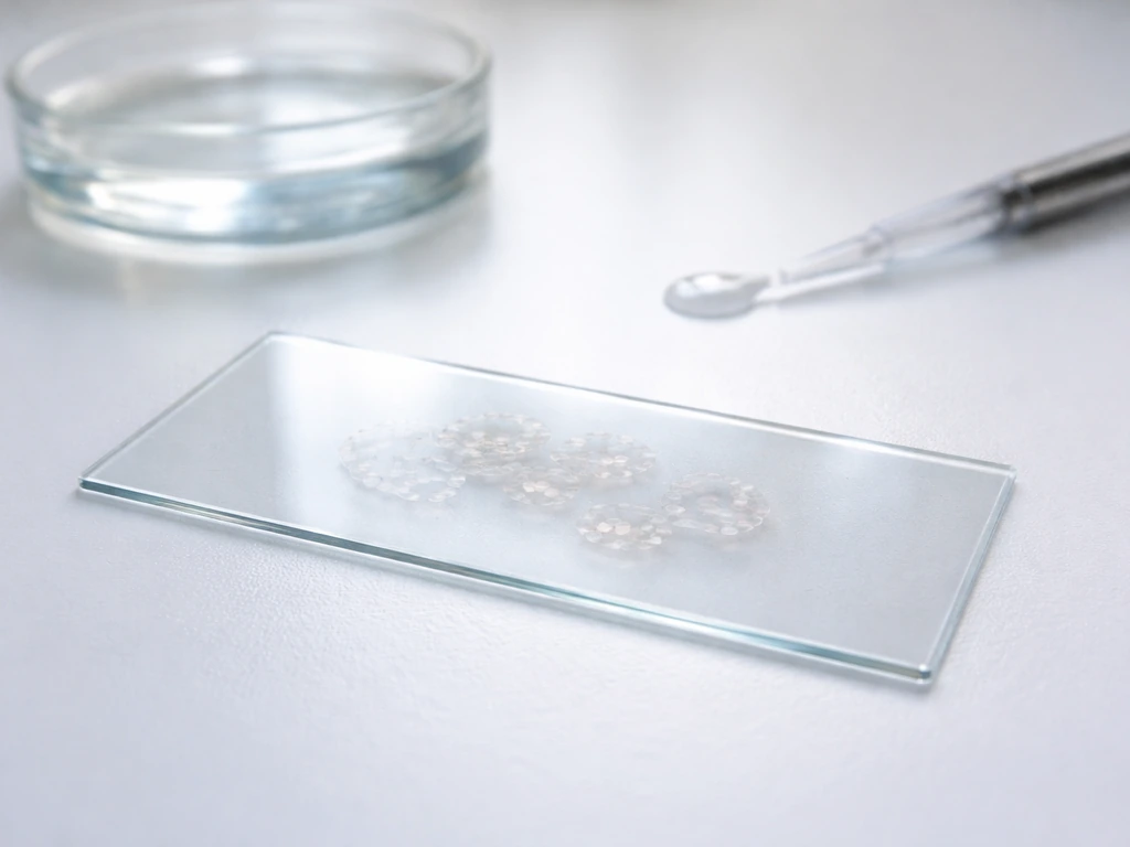 Close-up of a microscope slide with faint living cells on a lab bench with culture media nearby.
