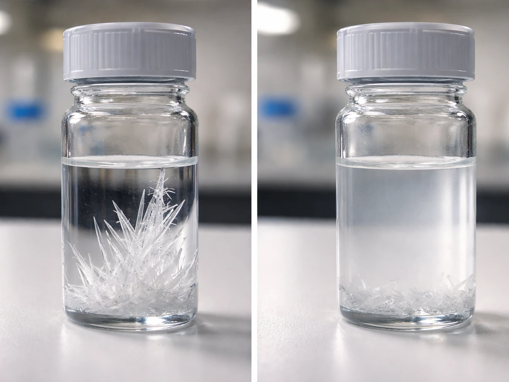 Lab microscope view of a crystal growth vessel where growth is slowing as solution thins and clouds near depletion