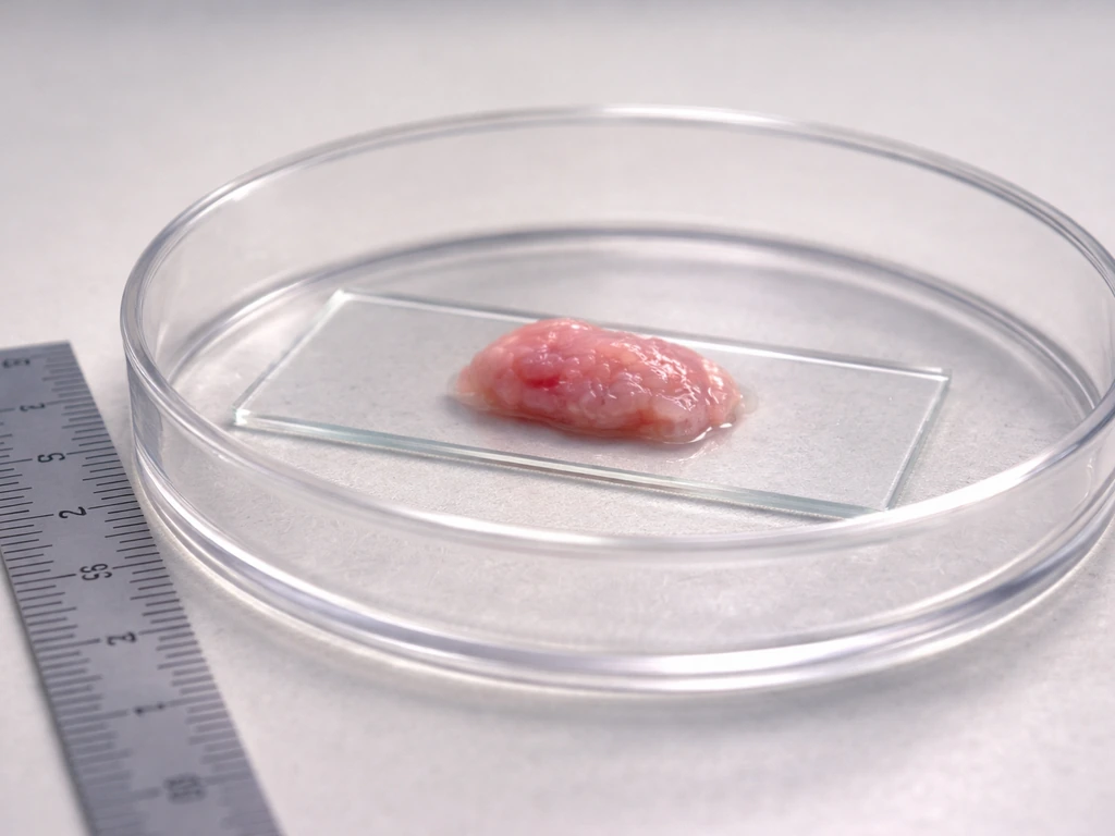 Lab bench photo showing a tissue specimen on a slide with a ruler for scale.