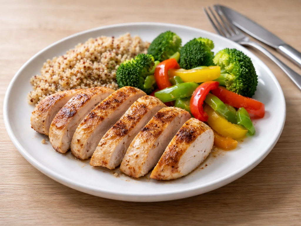 Plate with grilled chicken (dominant protein), small rice/quinoa side, and steamed broccoli on a light table.