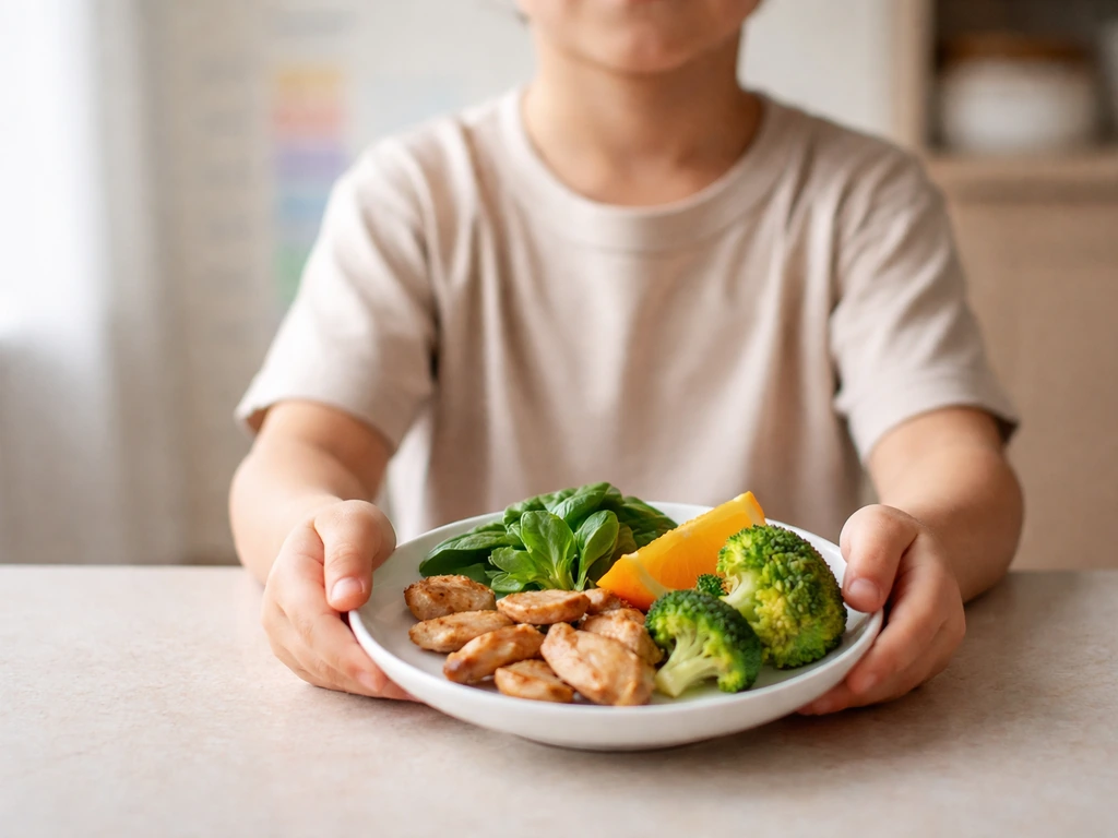 Kid holding a small plate of iron- and protein-rich foods in front of a soft, blurred growth-chart background.