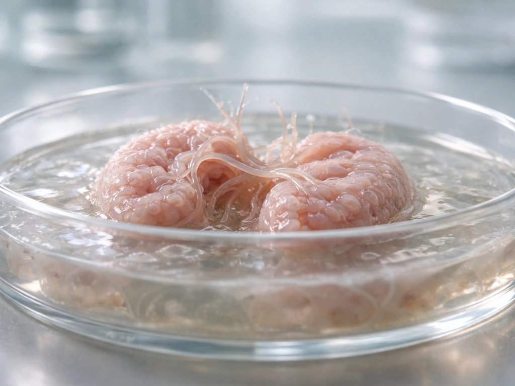 3D kidney organoid tissue growing in a lab dish, softly lit and realistic, minimal setting.