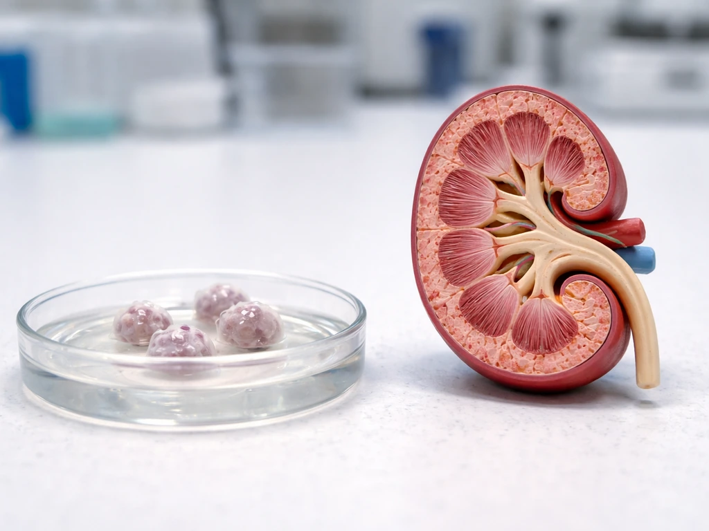 Close-up of kidney organoid-like 3D cell clusters in a lab dish beside a simplified kidney cross-section model.