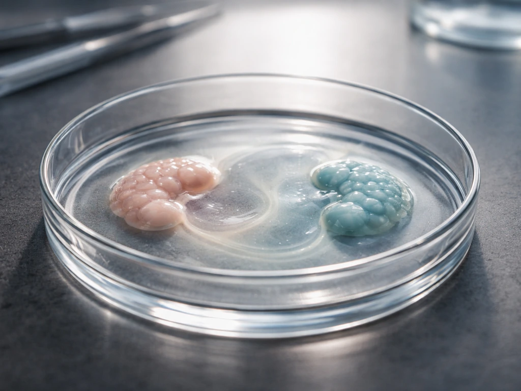 Close-up of two translucent cell cultures in a glass dish with a faint, embryology-inspired swirl pattern.