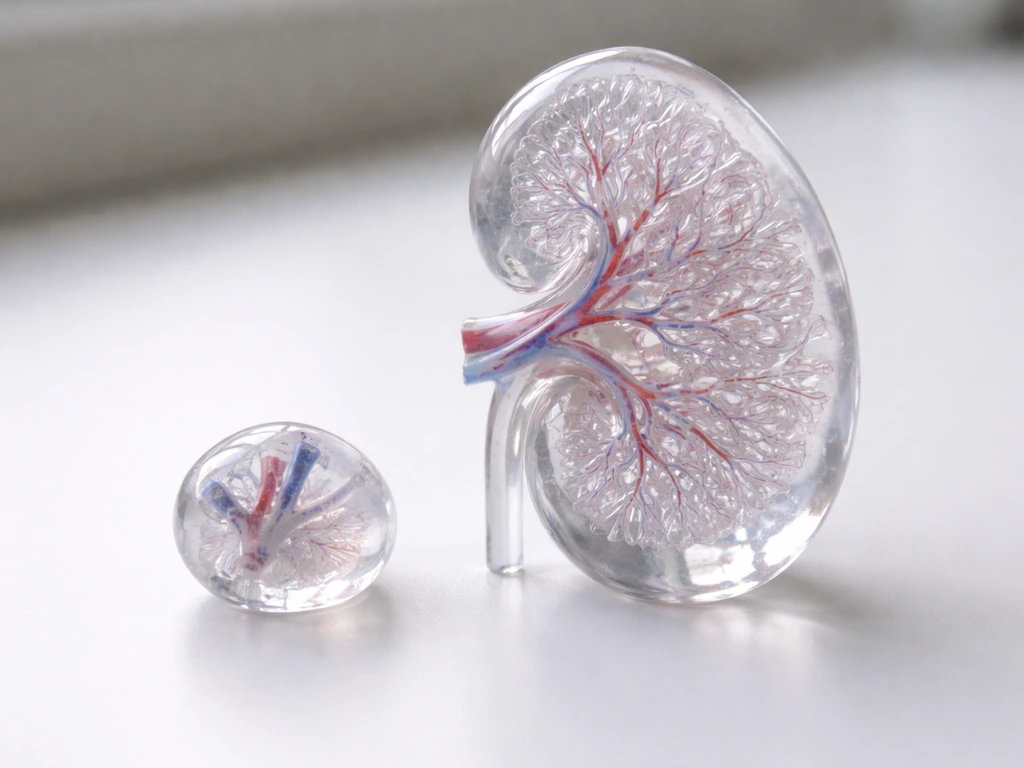 Small kidney organoid and larger translucent kidney model on a lab bench, showing complex vs simple structure.