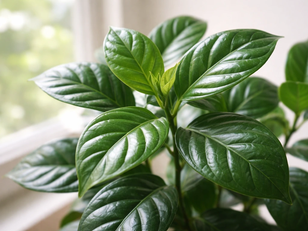 Close-up of large healthy green leaves on a thriving plant in bright natural light
