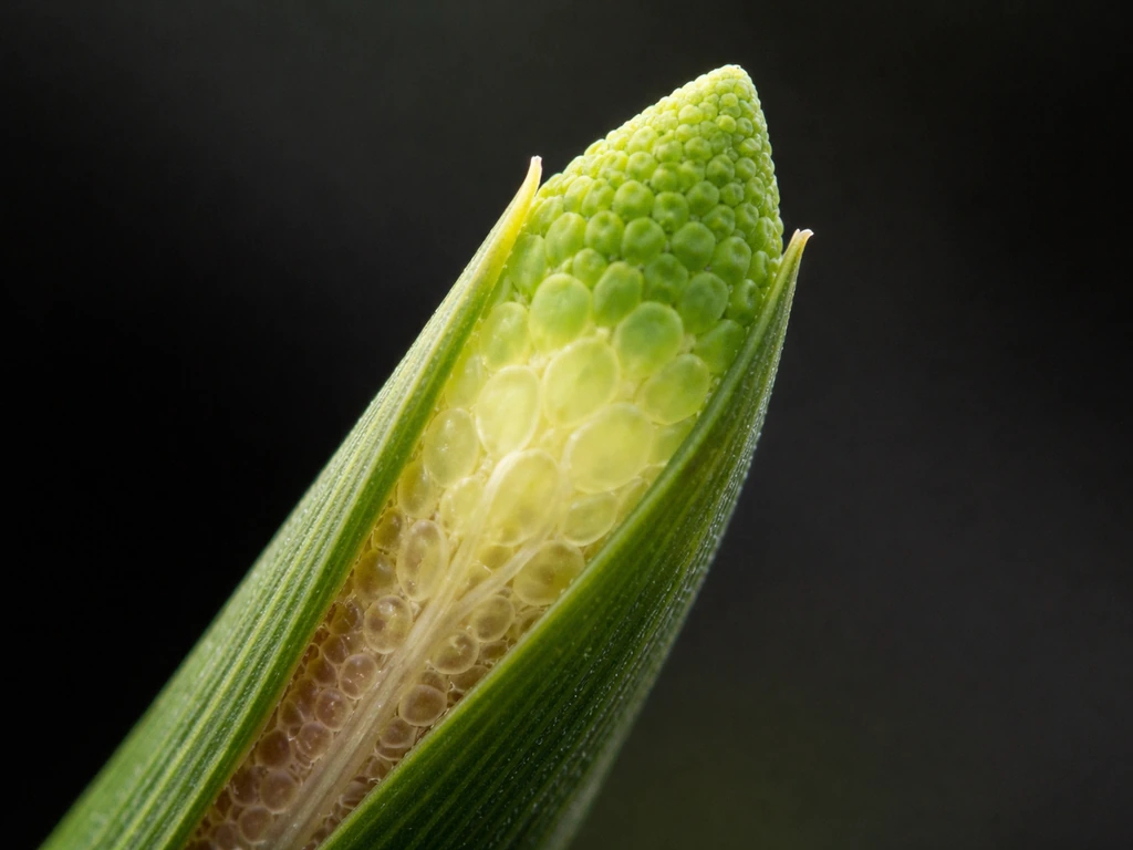 Macro cutaway of a plant shoot tip showing crowded dividing cells transitioning to expanded cells behind them.