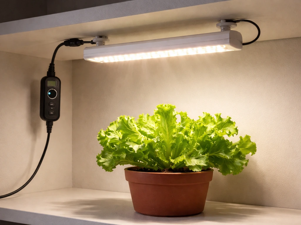Grow light shining on a small potted plant with an inline timer/dimmer controller nearby