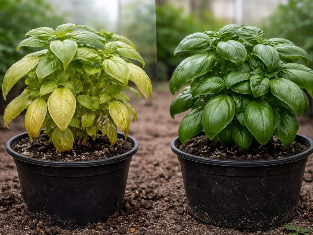 Two adjacent plants showing nitrogen deficiency (yellowing) beside healthy deep green foliage.