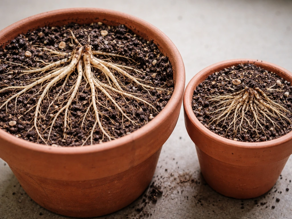 Side-by-side pots showing roots: larger pot with open roots vs smaller pot with tightly packed roots.
