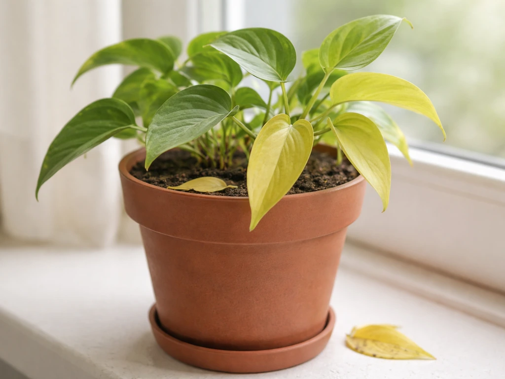 Close-up of a potted houseplant with pale yellow leaves on a windowsill, minimal background.
