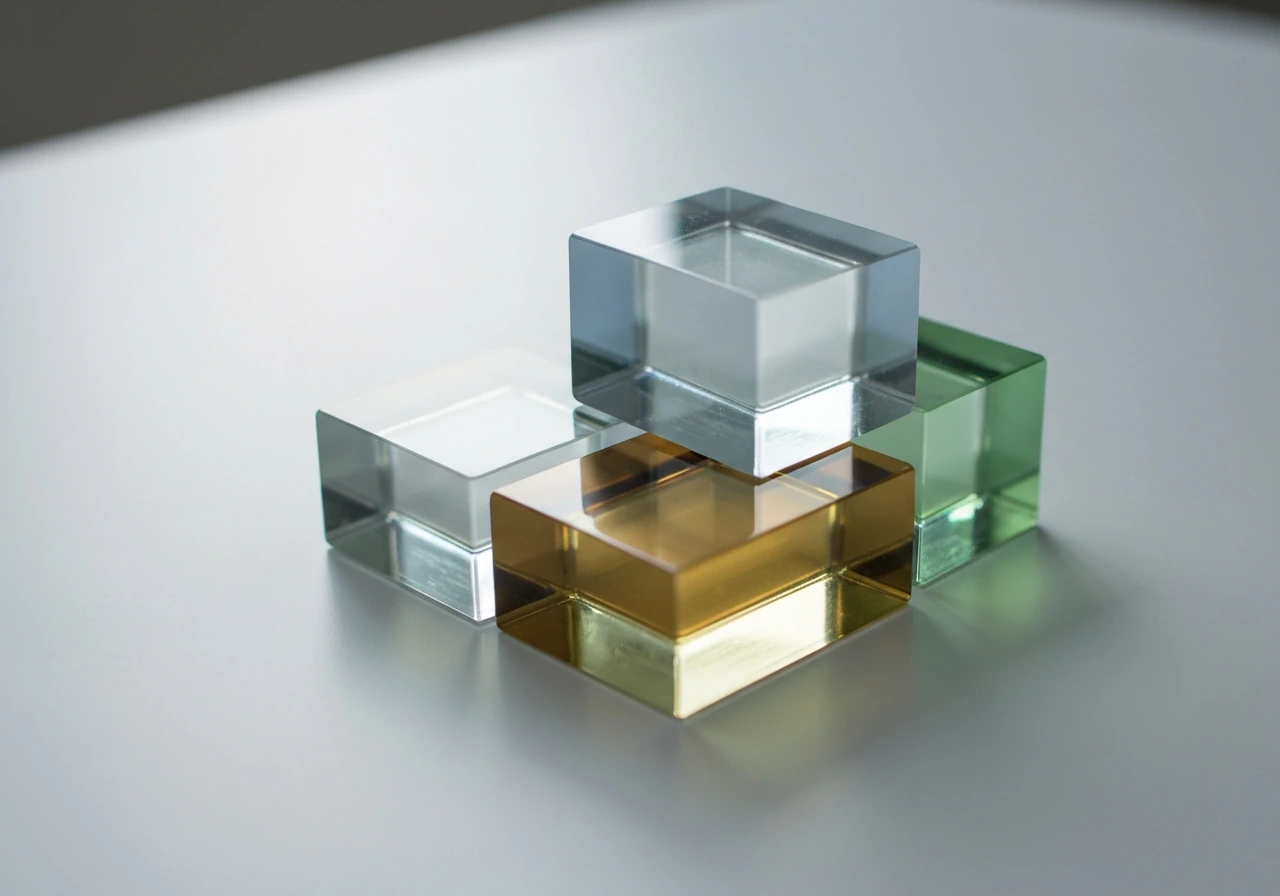 Four overlapping transparent blocks on a simple desk, symbolizing nervous system growth stages