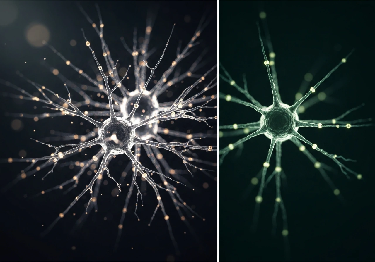 Minimal before-after view of dense neuron connections refining into a sparser, pruned network.