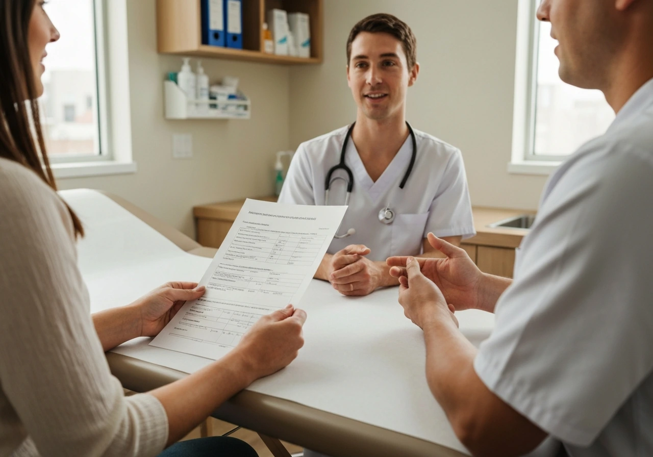 Parent at a pediatric exam table reviewing a developmental screening checklist with a clinician