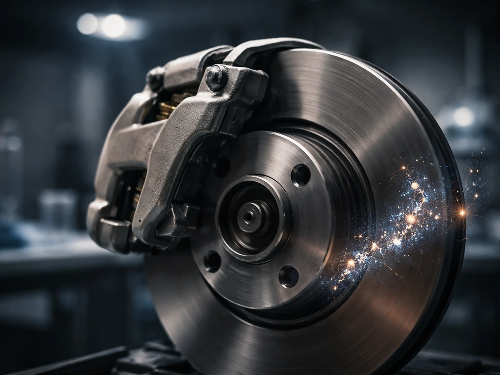 Close-up of a metal brake caliper gripping a rotating disc, symbolizing DNA damage halting cell progression.