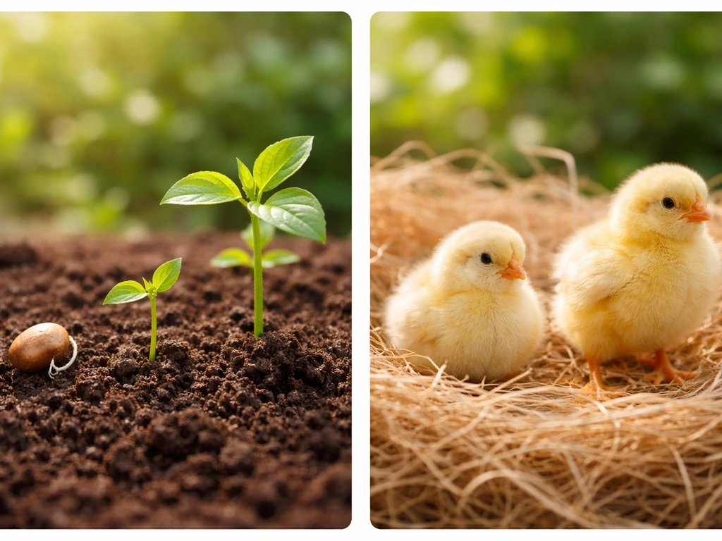 Side-by-side stages of a plant sprout to leafy plant and an egg to a chick growth sequence.
