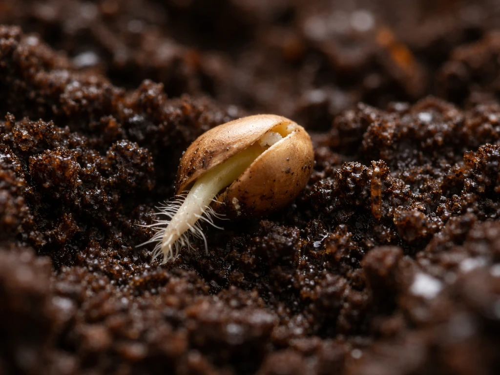 Close-up of a seed sprouting in damp soil with a tiny root and sprout emerging.