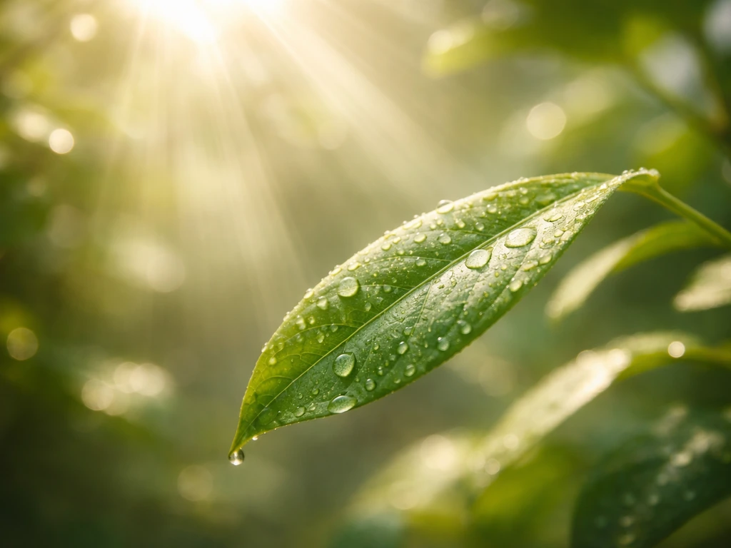 Green plant leaf in sunlight with sunbeams and tiny water droplets, minimal background.