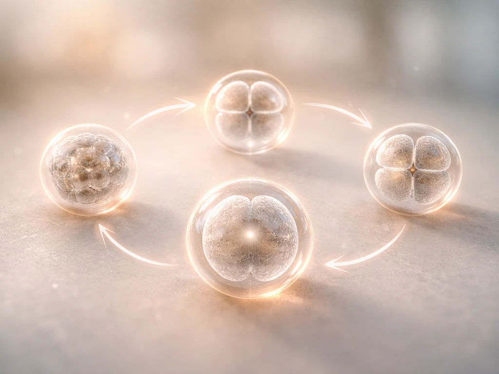 Realistic close-up of a fertilized egg and early embryo stages shown with simple arrow flow cues