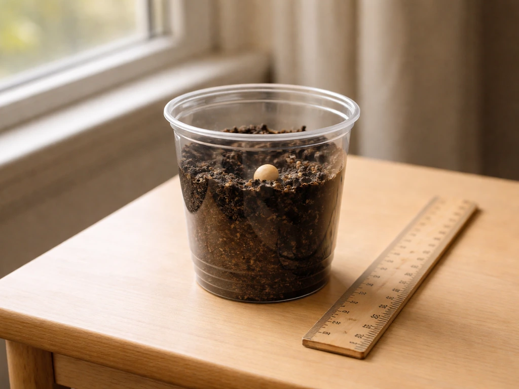 Clear plastic cup with damp soil and a bean seed, with a nearby ruler in window light.