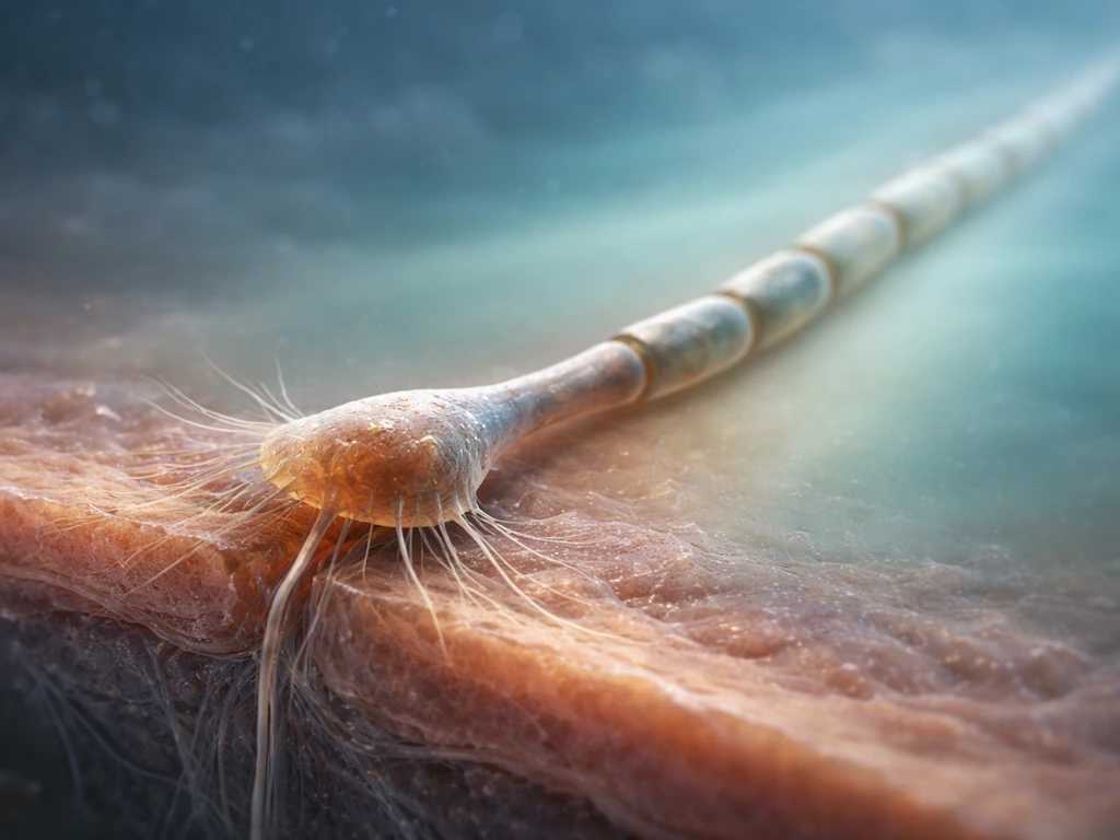 An extending axon with a growth cone navigating through layered tissue toward a chemical guidance gradient.