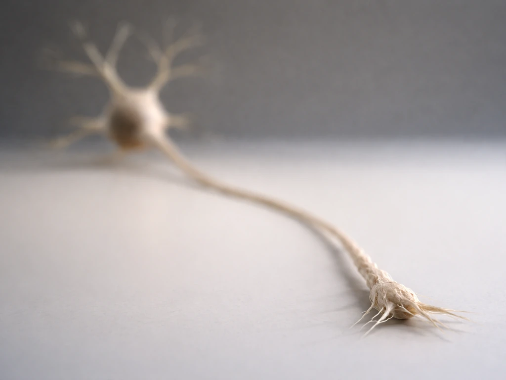 A single neuron-like cell sends an axon forward, with the growing tip slightly more in focus.