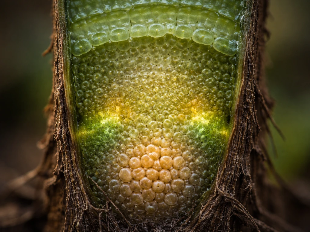 Macro cross-section of stem cells transitioning toward a root-meristem-like cell cluster with subtle signal glow